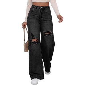 Women's Wide Leg Baggy Jeans High Waist Ripped Denim Casual Pants